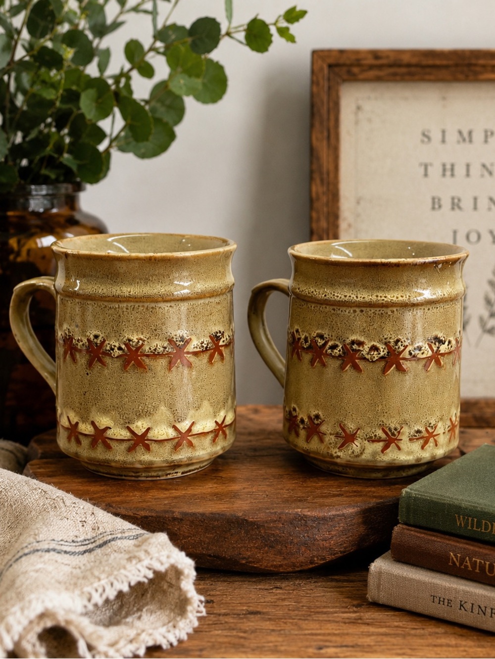 Vintage Rustic Brown Patterned Stoneware Ceramic Mug Set Of Two Made In Japan